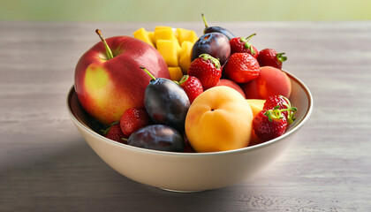 Bowl with delicious ripe fruits on table