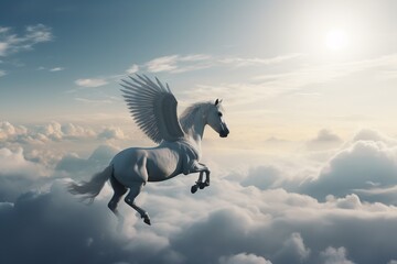 Obraz na płótnie Canvas Skybound Majesty: Majestic Pegasus Horse Soaring High Above the Clouds, Majestic Pegasus, Horse, Flying, High Above, Clouds, Skybound, Mythical, Fantasy, Graceful,