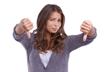 Woman, thumbs down and negative review in portrait, rejection and hand gesture isolated on transparent png background. Feedback, opinion and voice with wrong choice, female person and vote with fail