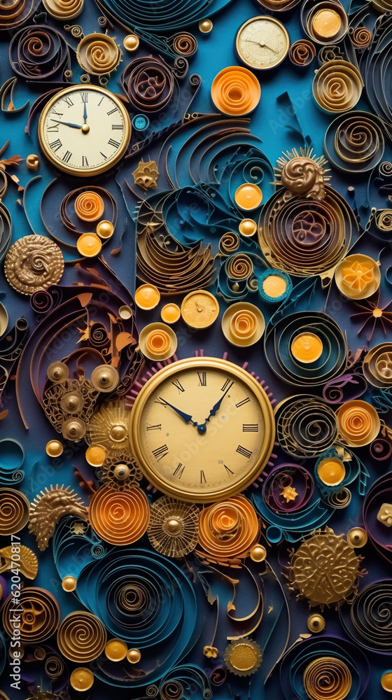 Poster a clock surrounded by many different types of paper art. generative ai.