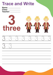 Number three tracing practice worksheet with three prince for kids learning to count and to write. Vector Illustration. Exercise for children to recognize the number.