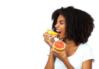 Grapefruit, bite and a woman with healthy food for diet and vitamin c. Black female model happy about fruit or vegan snack for wellness and nutrition benefits isolated on transparent, png background