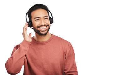 Happy asian man, call center and headphones in customer service isolated on a transparent PNG...
