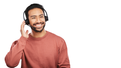 Happy asian man, call center and headphones in customer service isolated on a transparent PNG background. Male person, consultant or agent smile and headset for online advice, help or telemarketing