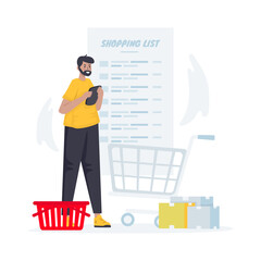 A man preparing shopping list flat illustration