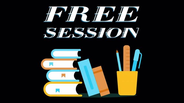 Animated free session text. Online tutoring. Educational course. College counseling. Looped 4K demo lesson word animation on black and green screen background. Kinetic typography video with chroma key
