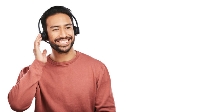 Happy Asian Man, Call Center And Headphones In Customer Service Isolated On A Transparent PNG Background. Male Person, Consultant Or Agent Smile And Headset For Online Advice, Help Or Telemarketing