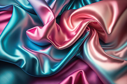 Pink And Blue Abstract Shiny Plastic Silk Or Satin Wavy Background. Generative AI.