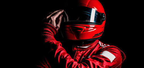 Fototapeta premium portrait of a racing driver in a helmet. formula one racing driver on black background. Banner with copy space, Racer in a helmet. 