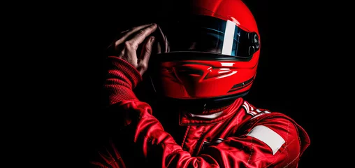  portrait of a racing driver in a helmet. formula one racing driver on black background. Banner with copy space, Racer in a helmet.   © Viks_jin