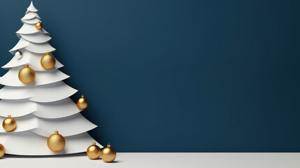 A white christmas tree with gold ornaments against a blue wall. Generative AI. Simple Christmas trees. Copy-space, place for text.