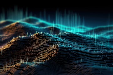 Visualization of sound waves. Abstract futuristic background with colorful glowing neon moving high speed wave lines and bokeh lights. Data transfer concept. Fantastic wallpaper. Generative AI