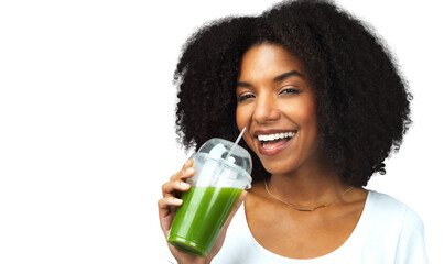 Smile, wellness and portrait of woman with green juice for liquid cleanse, diet or health. Confident, happy and young female model from Brazil drinking smoothie isolated by transparent png background