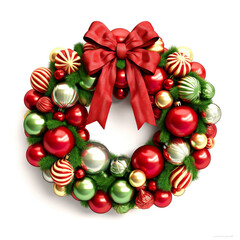 Fototapeta premium A christmas wreath with ornaments and a red bow. Generative AI.