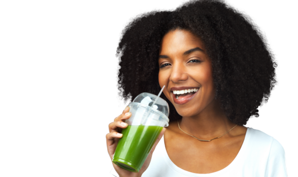 Smile, wellness and portrait of woman with green juice for liquid cleanse, diet or health. Confident, happy and young female model from Brazil drinking smoothie isolated by transparent png background - Powered by Adobe