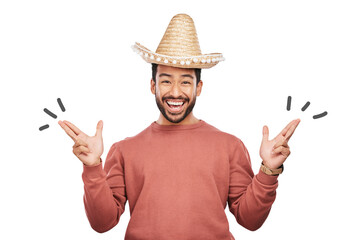 Celebration, portrait and man with sombrero and smile, costume party isolated on transparent png...