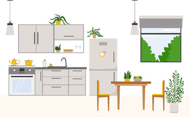 Kitchen interior with furniture, flat style vector illustration