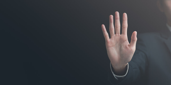 man hand stop sign, warning concept, refusal, caution, symbolic communication, preventing subsequent problems,Help Prevent Piracy, Stop Violence,Warning gestures to stop and check safety