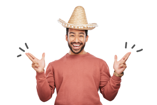 Celebration, portrait and man with sombrero and smile, costume party isolated on transparent png background. Festival, event or carnival in Mexico, excited person with hat and happiness with culture. - Powered by Adobe