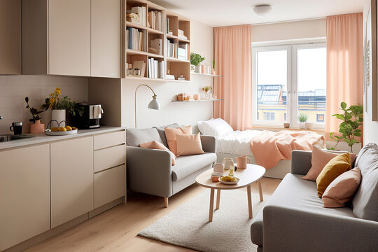 Fototapeta Scandinavian style small studio apartment with stylish design in light pastel colors with big window, living room, kitchen space and bed. AI generative