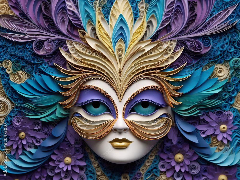 Poster a close up of a mask with feathers on it. generative ai.