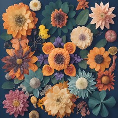 A digital art piece featuring a collection of different types of flowers arranged in a geometric pattern,