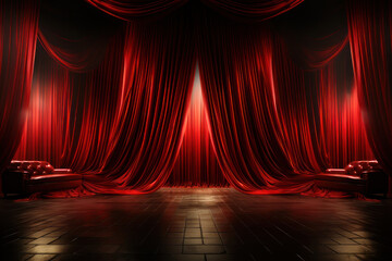 Red curtain and chairs in the theater. AI generative. - obrazy, fototapety, plakaty