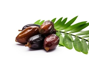 A small pile of dates a leaf on a white background