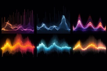 Visualization of sound waves. Abstract futuristic background with colorful glowing neon moving high speed wave lines and bokeh lights. Data transfer concept. Fantastic wallpaper. Generative AI
