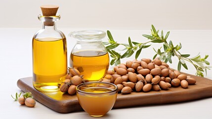 Argan seeds and oil isolated on a white background