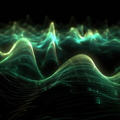 Visualization of sound waves. Abstract futuristic background with colorful glowing neon moving high speed wave lines and bokeh lights. Data transfer concept. Fantastic wallpaper. Generative AI