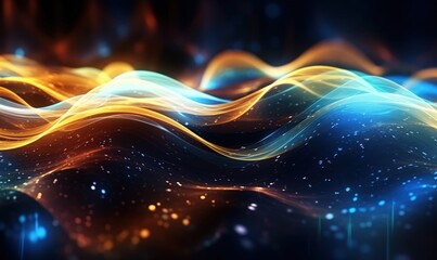 Visualization of sound waves. Abstract futuristic background with colorful glowing neon moving high speed wave lines and bokeh lights. Data transfer concept. Fantastic wallpaper. Generative AI