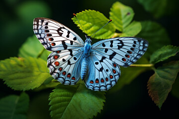 Common Pierrot Butterfly Insect Alight on Leaves with Beautiful Blue Wings - obrazy, fototapety, plakaty
