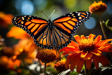 Plain Tiger Danaus Chrysippus Butterfly Insect Flying in the Flowering Garden on Springtime