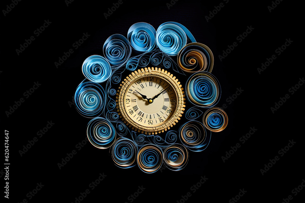 Poster a clock made out of rolled paper with a black background. generative ai.
