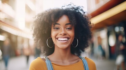 Happy young african american woman smiling in the city. Closeup Portrait of a happy young adult African girl standing on a European city street. African female with perfect white teeth closeup.