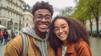 Happy young African couple wearing glasses looking at the camera and smiling. Cheerful African couple standing and hugging each other in the city. Joyful couple outdoors on a chilly spring day.