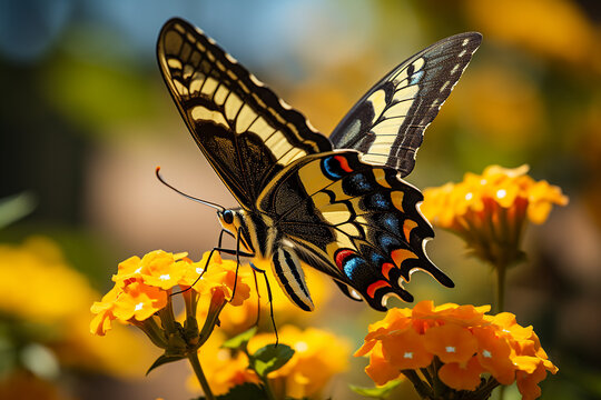 Beautiful Swallowtail Alight in the Park with Blooming Orange Flowers on Bright Day