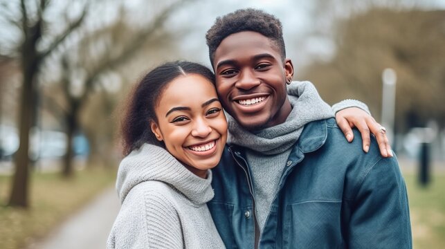 Happy young African couple in a park looking at the camera and smiling. Cheerful African couple standing and hugging each other in the city garden. Joyful couple outdoors on a spring day.