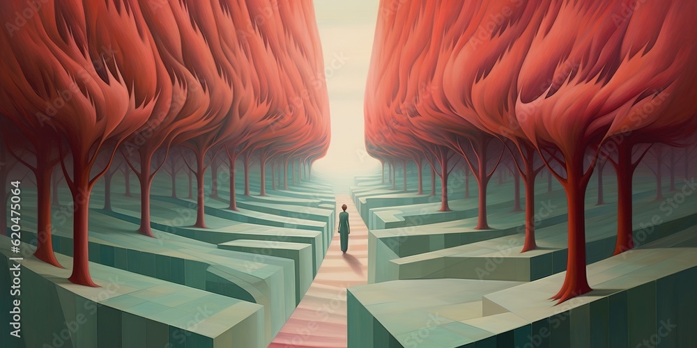 Poster a cartoon depiction of a guy navigating his way through a forest obstacle course