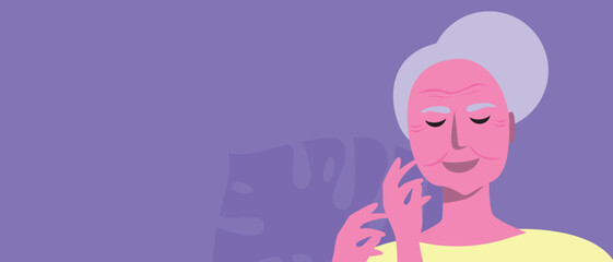 Beautiful elderly natural woman with female hair, copy space template for design or flat vector stock illustration