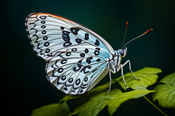 Side View of Common Pierrot Butterfly Insect Alight on Green Leaves with Beautiful Wings