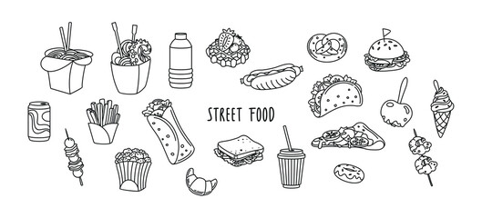 Street food. Icon set. Monochrome. Vector.