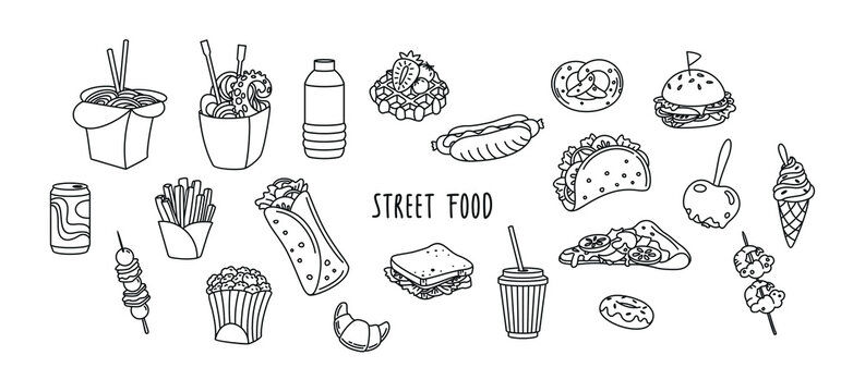 Street food. Icon set. Monochrome. Vector.