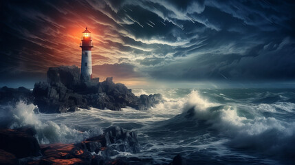 Tempestuous Glow: Surrealistic Fantasy of Ocean Storms and Nighttime Lighthouse