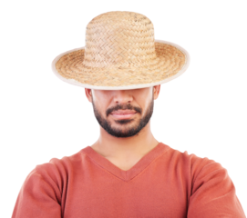 Hat, hidden face and man with fashion accessory, casual apparel and stylish clothes, trendy and relax outfit. Identity, style and person with straw cap isolated on a transparent, png background