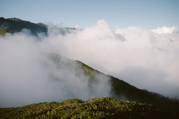 A cloud enveloped the green mountain on a sunny summer day.