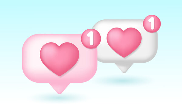 3d social media icon. Like concept. Heart chat frame, like photo, social communication. Emoji notification.