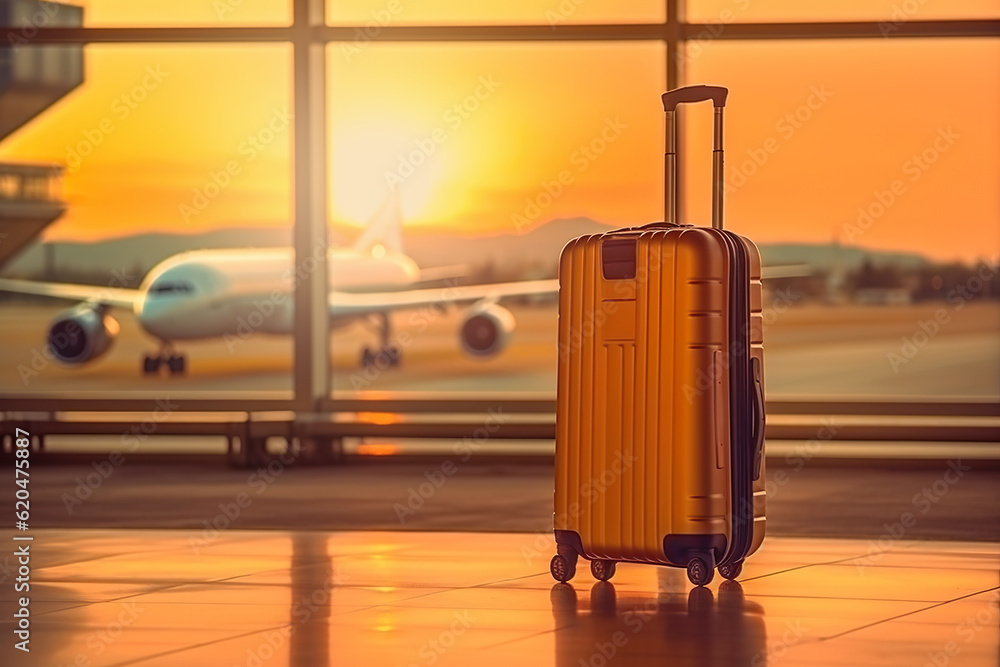 Poster a suitcase sitting in front of a window at an airport. generative ai.