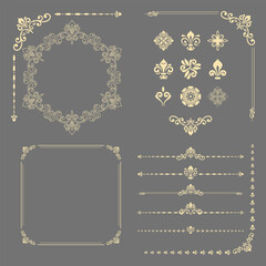 Vintage set of vector horizontal, square and round elements. Elements for backgrounds and frames. Classic gray and golden patterns. Set of vintage patterns